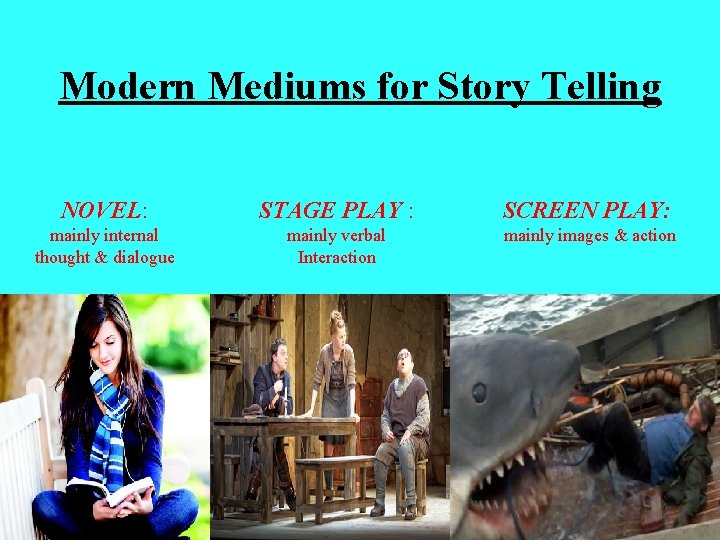 Modern Mediums for Story Telling NOVEL: STAGE PLAY : SCREEN PLAY: mainly internal thought