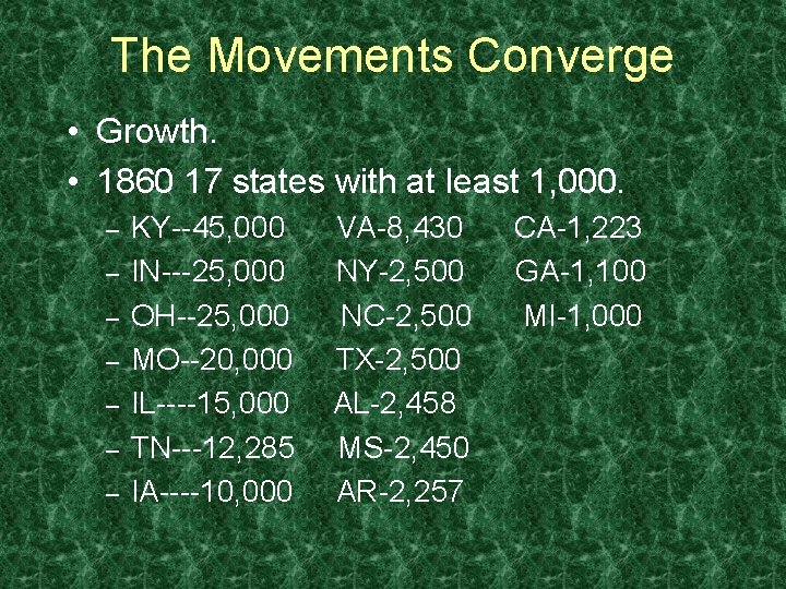 The Movements Converge • Growth. • 1860 17 states with at least 1, 000.