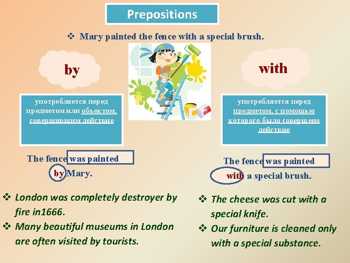 Prepositions v Mary painted the fence with a special brush. by with употребляется перед