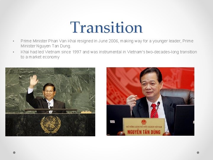 Transition • • Prime Minister Phan Van Khai resigned in June 2006, making way
