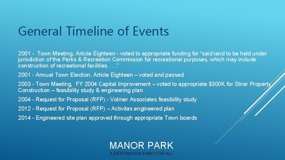 General Timeline of Events 2001 - Town Meeting, Article Eighteen - voted to appropriate