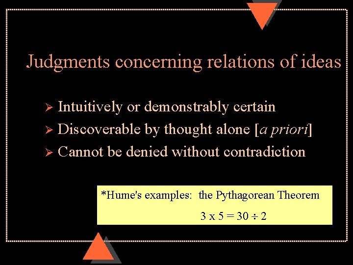 Judgments concerning relations of ideas Intuitively or demonstrably certain Ø Discoverable by thought alone
