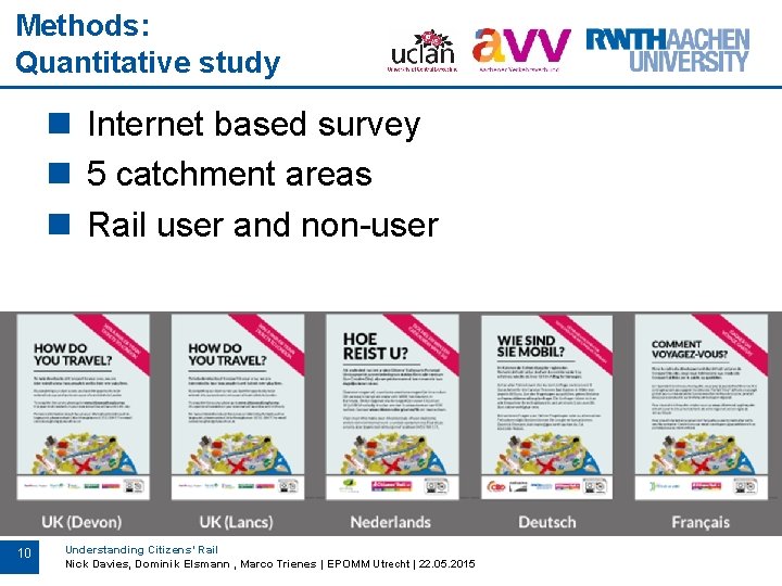 Methods: Quantitative study n Internet based survey n 5 catchment areas n Rail user