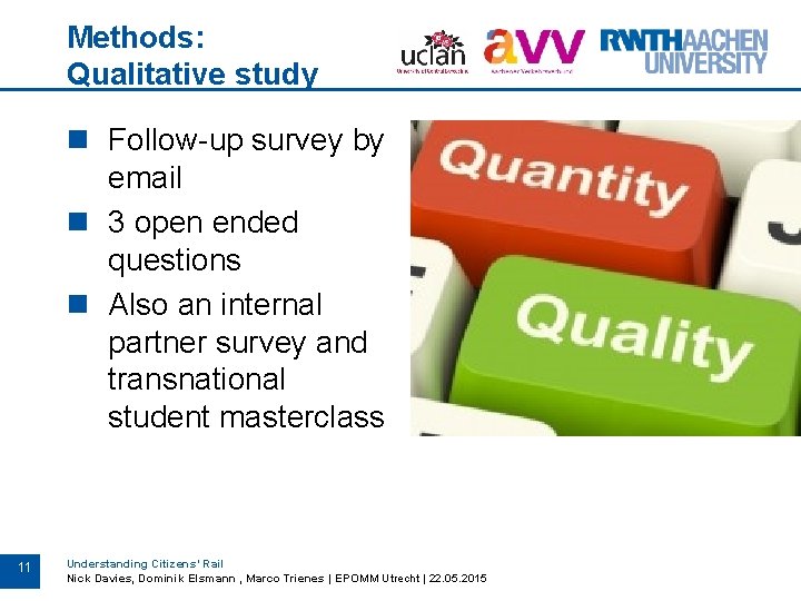 Methods: Qualitative study n Follow-up survey by email n 3 open ended questions n