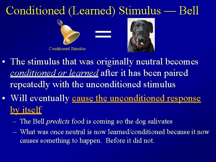 Conditioned (Learned) Stimulus — Bell Conditioned Stimulus = • The stimulus that was originally