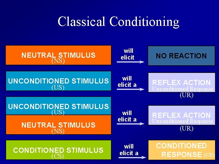 Classical Conditioning NEUTRAL STIMULUS (NS) UNCONDITIONED STIMULUS (US) will elicit NO REACTION will elicit