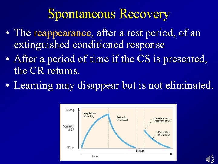 Spontaneous Recovery • The reappearance, after a rest period, of an extinguished conditioned response
