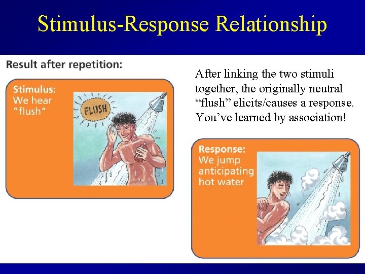 Stimulus-Response Relationship After linking the two stimuli together, the originally neutral “flush” elicits/causes a