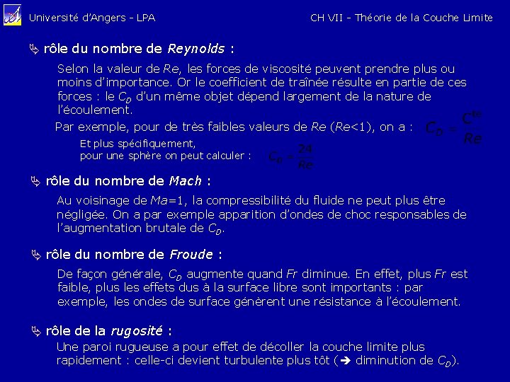 Université d’Angers - LPA CH VII - Théorie de la Couche Limite rôle du