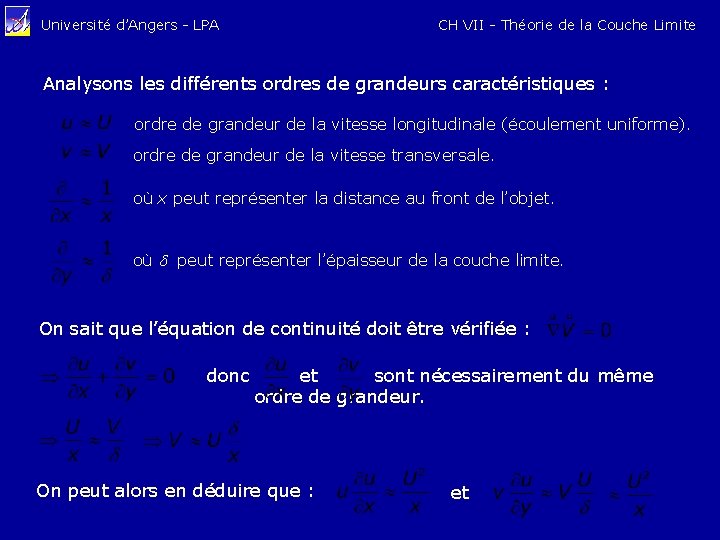 Université d’Angers - LPA CH VII - Théorie de la Couche Limite Analysons les