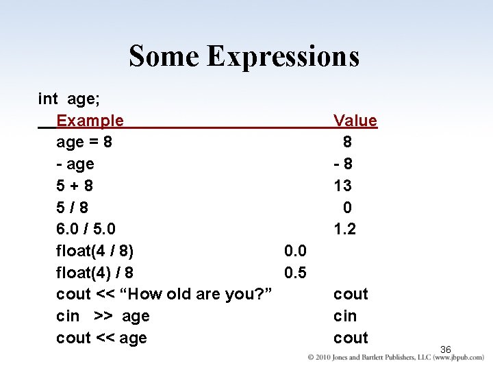 Some Expressions int age; Example age = 8 - age 5+8 5/8 6. 0