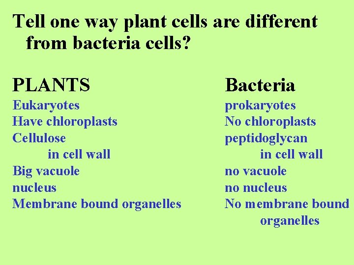 Tell one way plant cells are different from bacteria cells? PLANTS Bacteria Eukaryotes Have