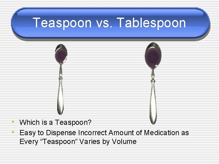 Teaspoon vs. Tablespoon • Which is a Teaspoon? • Easy to Dispense Incorrect Amount