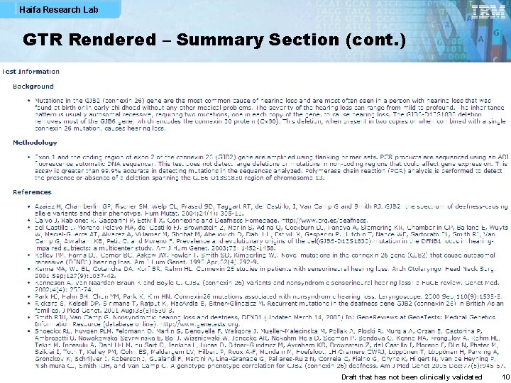 Haifa Research Lab GTR Rendered – Summary Section (cont. ) Draft that has not