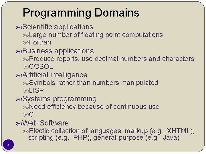 Programming Domains Scientific applications Large number of floating point computations Fortran Business applications Produce Programming Domains Scientific applications Large number of floating point computations Fortran Business applications Produce
