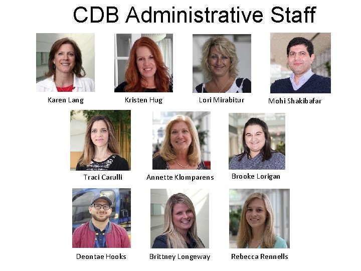 CDB Administrative Staff Kristen Hug Karen Lang Lori Mirabitur Traci Carulli Annette Klomparens Deontae