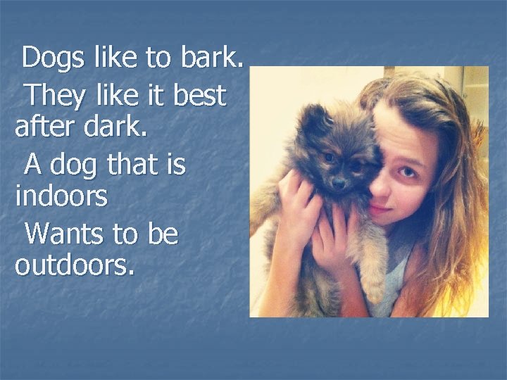 Dogs like to bark. They like it best after dark. A dog that is
