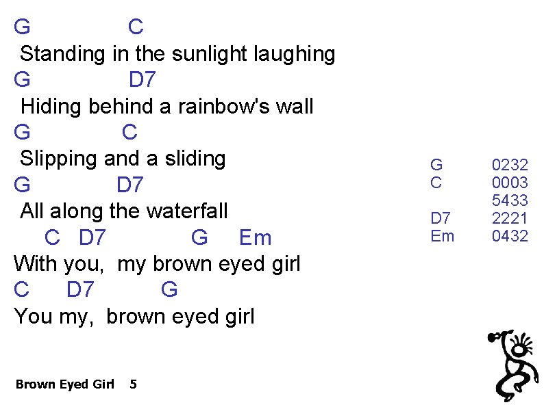 G C Standing in the sunlight laughing G D 7 Hiding behind a rainbow's