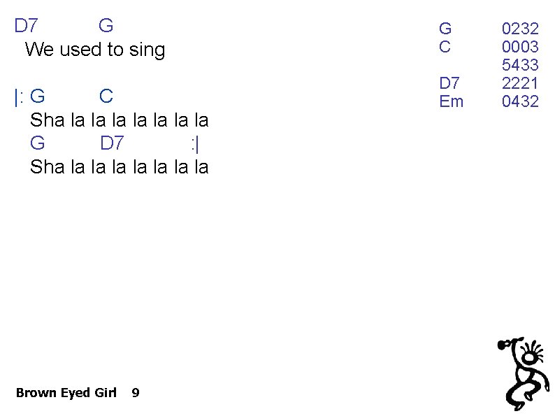D 7 G We used to sing |: G C Sha la la G