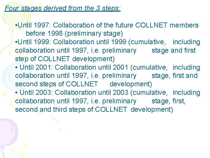 Four stages derived from the 3 steps: • Until 1997: Collaboration of the future