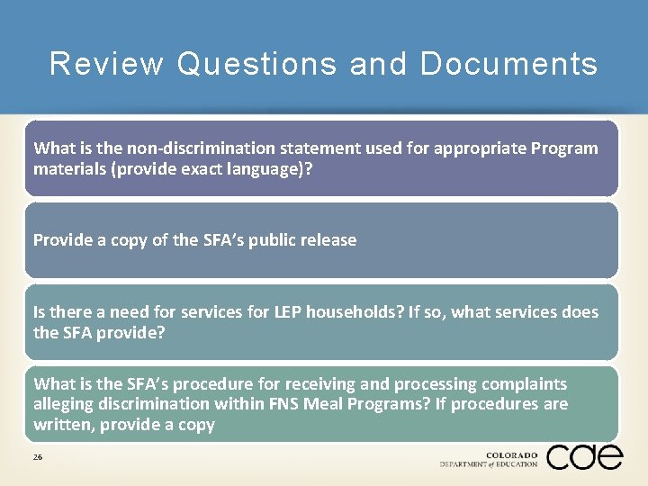 Review Questions and Documents What is the non-discrimination statement used for appropriate Program materials