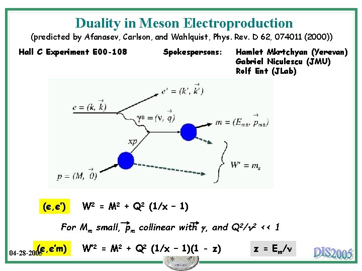 Duality in Meson Electroproduction (predicted by Afanasev, Carlson, and Wahlquist, Phys. Rev. D 62,