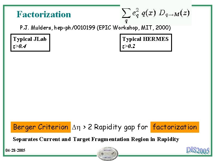 Factorization P. J. Mulders, hep-ph/0010199 (EPIC Workshop, MIT, 2000) Typical JLab z>0. 4 Typical
