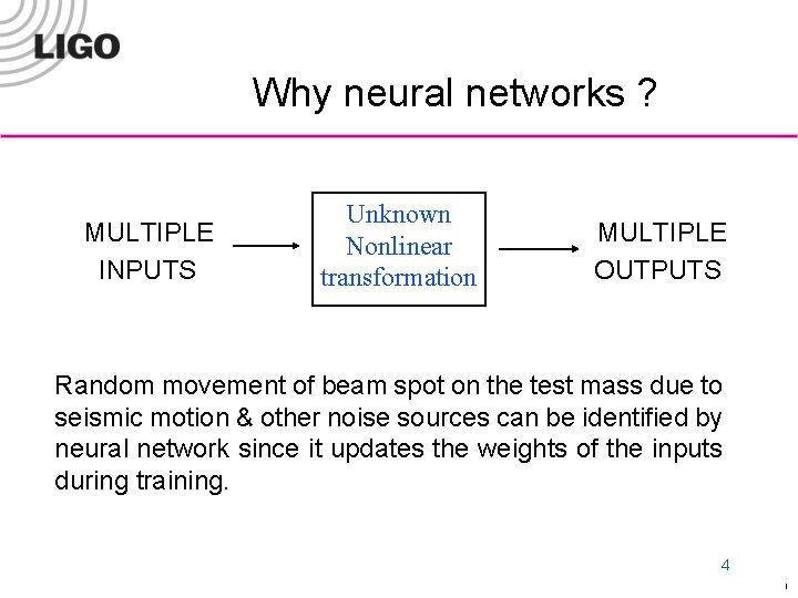 Why neural networks ? MULTIPLE INPUTS Unknown Nonlinear transformation MULTIPLE OUTPUTS Random movement of