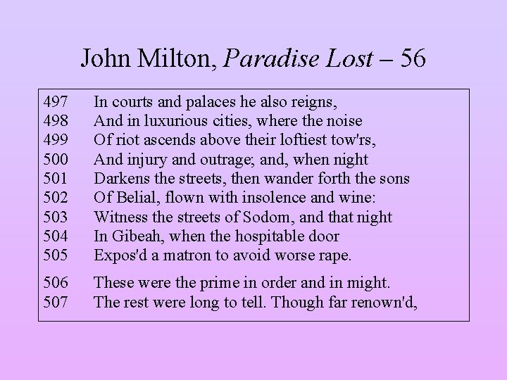 John Milton, Paradise Lost – 56 497 498 499 500 501 502 503 504