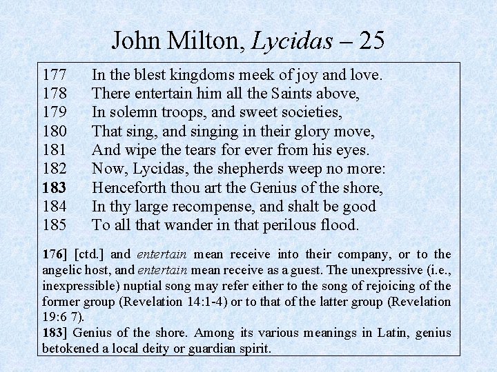John Milton, Lycidas – 25 177 178 179 180 181 182 183 184 185