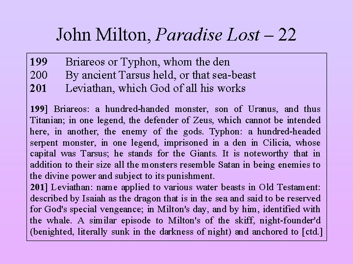 John Milton, Paradise Lost – 22 199 200 201 Briareos or Typhon, whom the