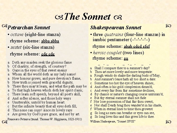  The Sonnet Petrarchan Sonnet • octave (eight-line stanza) rhyme scheme: abba • sestet