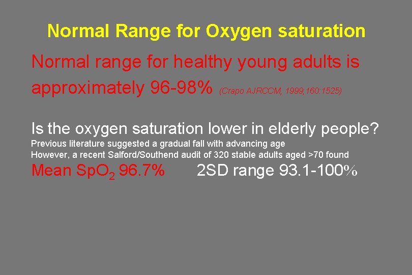 Normal Range for Oxygen saturation Normal range for healthy young adults is approximately 96