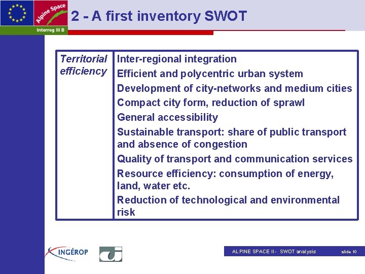 2 - A first inventory SWOT Territorial efficiency Inter-regional integration Efficient and polycentric urban