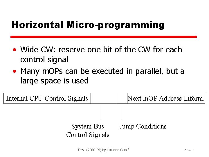 Horizontal Micro-programming • Wide CW: reserve one bit of the CW for each control