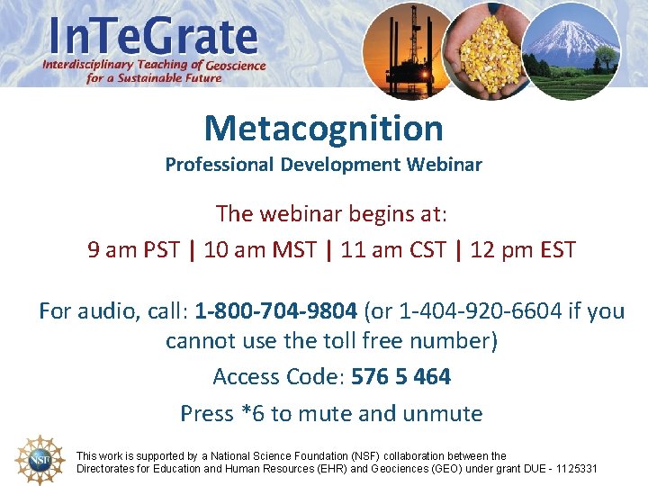 Metacognition Professional Development Webinar The webinar begins at: 9 am PST | 10 am
