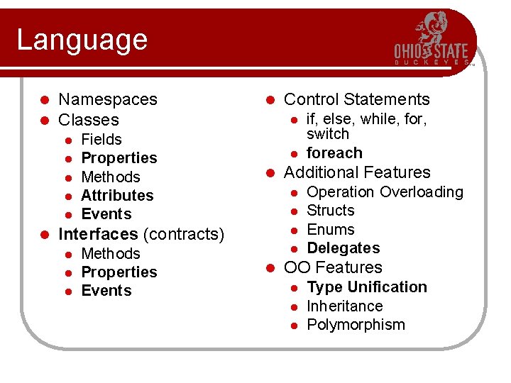 Language l l Namespaces Classes l l l Fields Properties Methods Attributes Events l