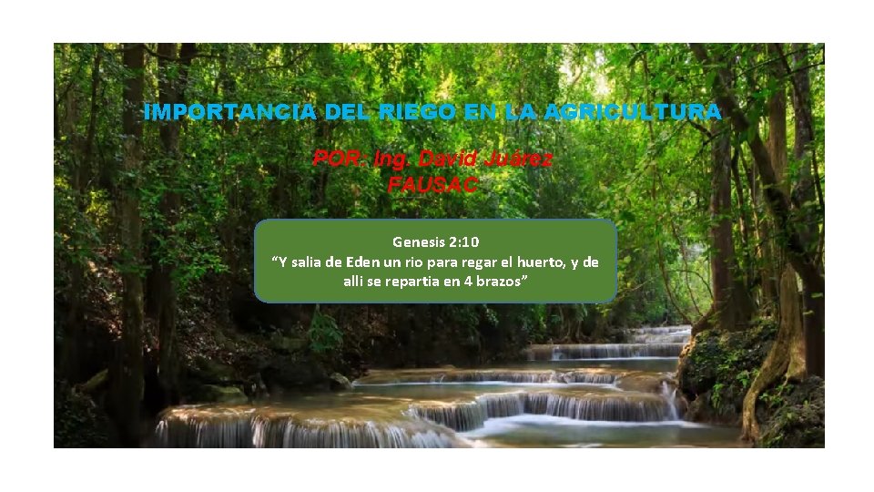 IMPORTANCIA DEL RIEGO EN LA AGRICULTURA POR: Ing. David Juárez FAUSAC Genesis 2: 10