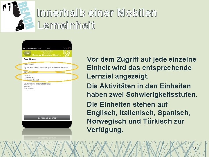 Innerhalb einer Mobilen Lerneinheit Vor dem Zugriff auf jede einzelne Einheit wird das entsprechende