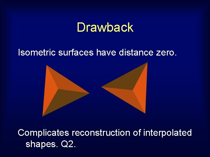 Drawback Isometric surfaces have distance zero. Complicates reconstruction of interpolated shapes. Q 2. 