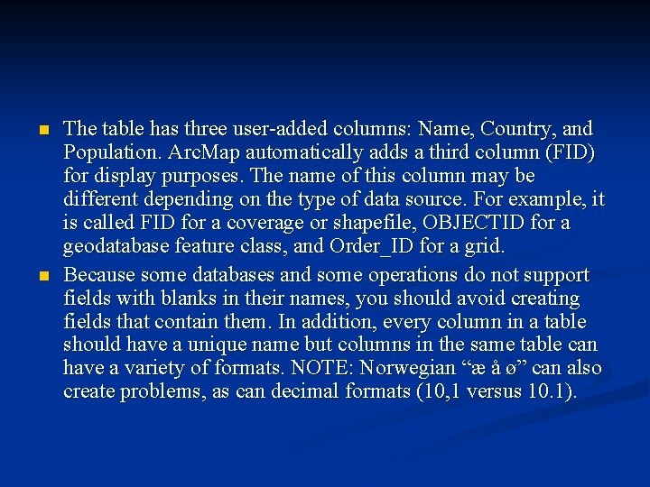 n n The table has three user-added columns: Name, Country, and Population. Arc. Map