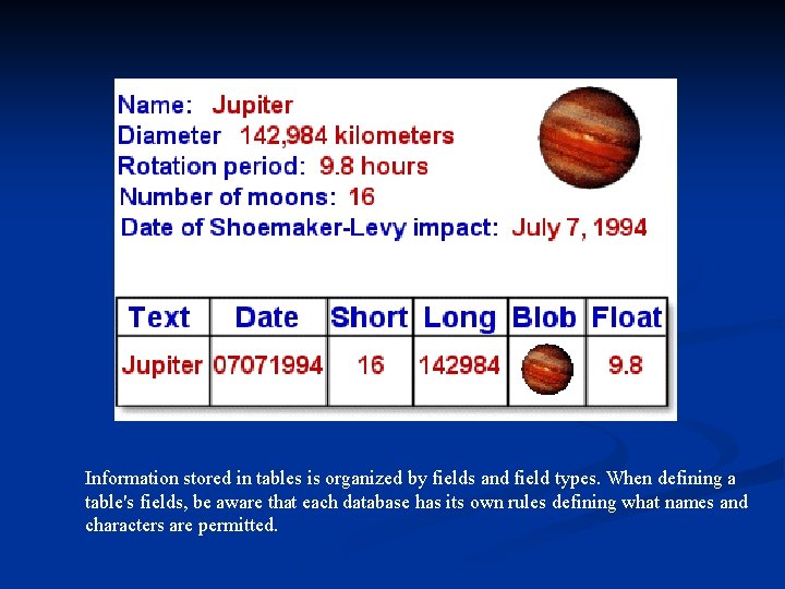 Information stored in tables is organized by fields and field types. When defining a