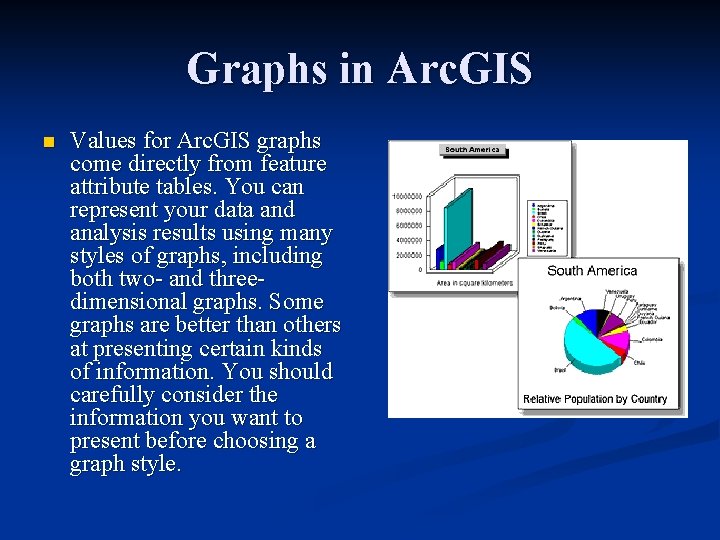 Graphs in Arc. GIS n Values for Arc. GIS graphs come directly from feature