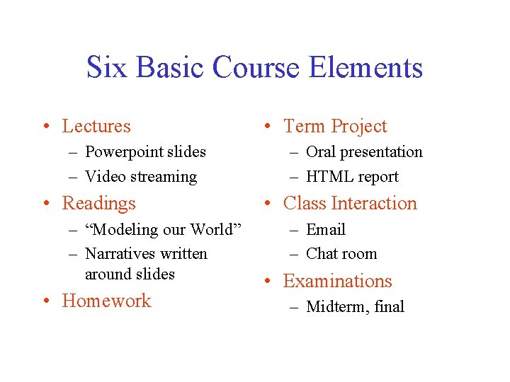 Six Basic Course Elements • Lectures – Powerpoint slides – Video streaming • Readings