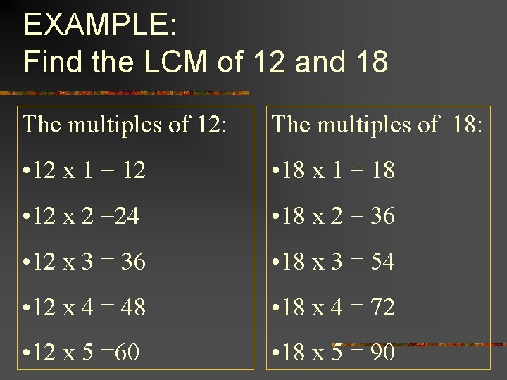 EXAMPLE: Find the LCM of 12 and 18 The multiples of 12: The multiples