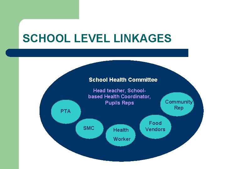 SCHOOL LEVEL LINKAGES School Health Committee Head teacher, Schoolbased Health Coordinator, Pupils Reps PTA