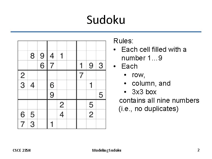 Sudoku Rules: • Each cell filled with a number 1… 9 • Each •