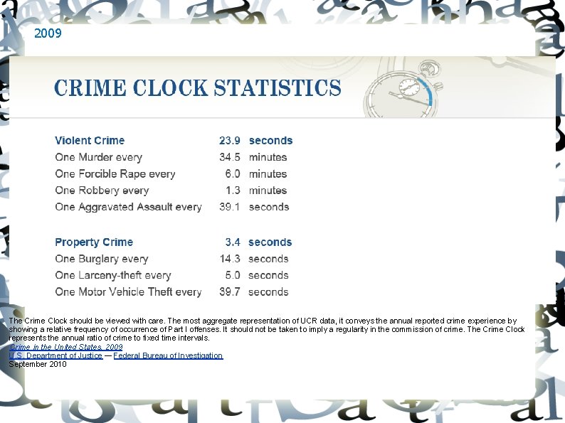 2009 The Crime Clock should be viewed with care. The most aggregate representation of