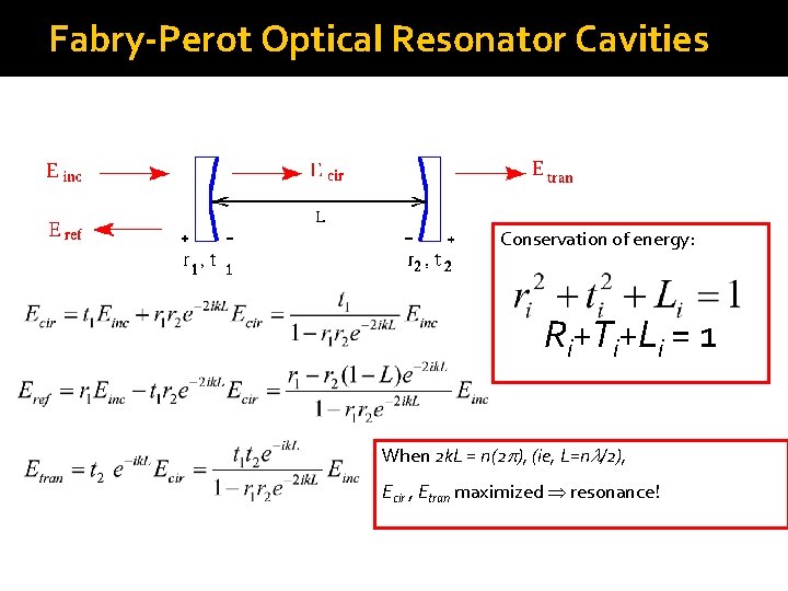 Fabry-Perot Optical Resonator Cavities Conservation of energy: Ri+Ti+Li = 1 When 2 k. L Fabry-Perot Optical Resonator Cavities Conservation of energy: Ri+Ti+Li = 1 When 2 k. L