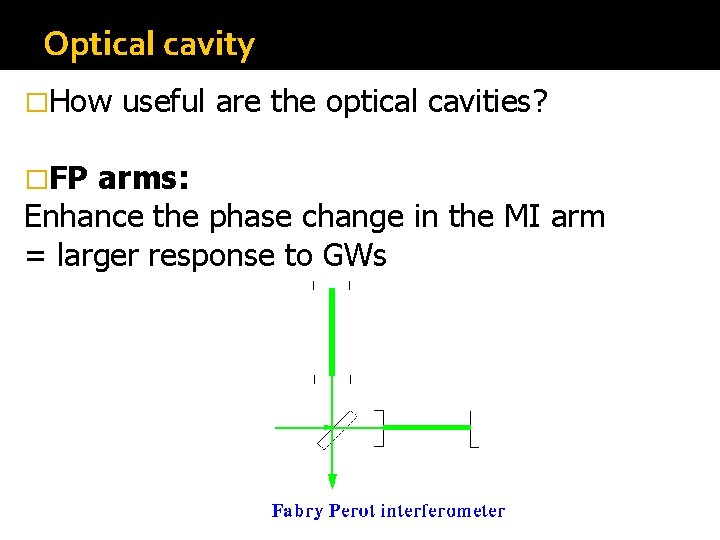 Optical cavity �How �FP useful are the optical cavities? arms: Enhance the phase change Optical cavity �How �FP useful are the optical cavities? arms: Enhance the phase change